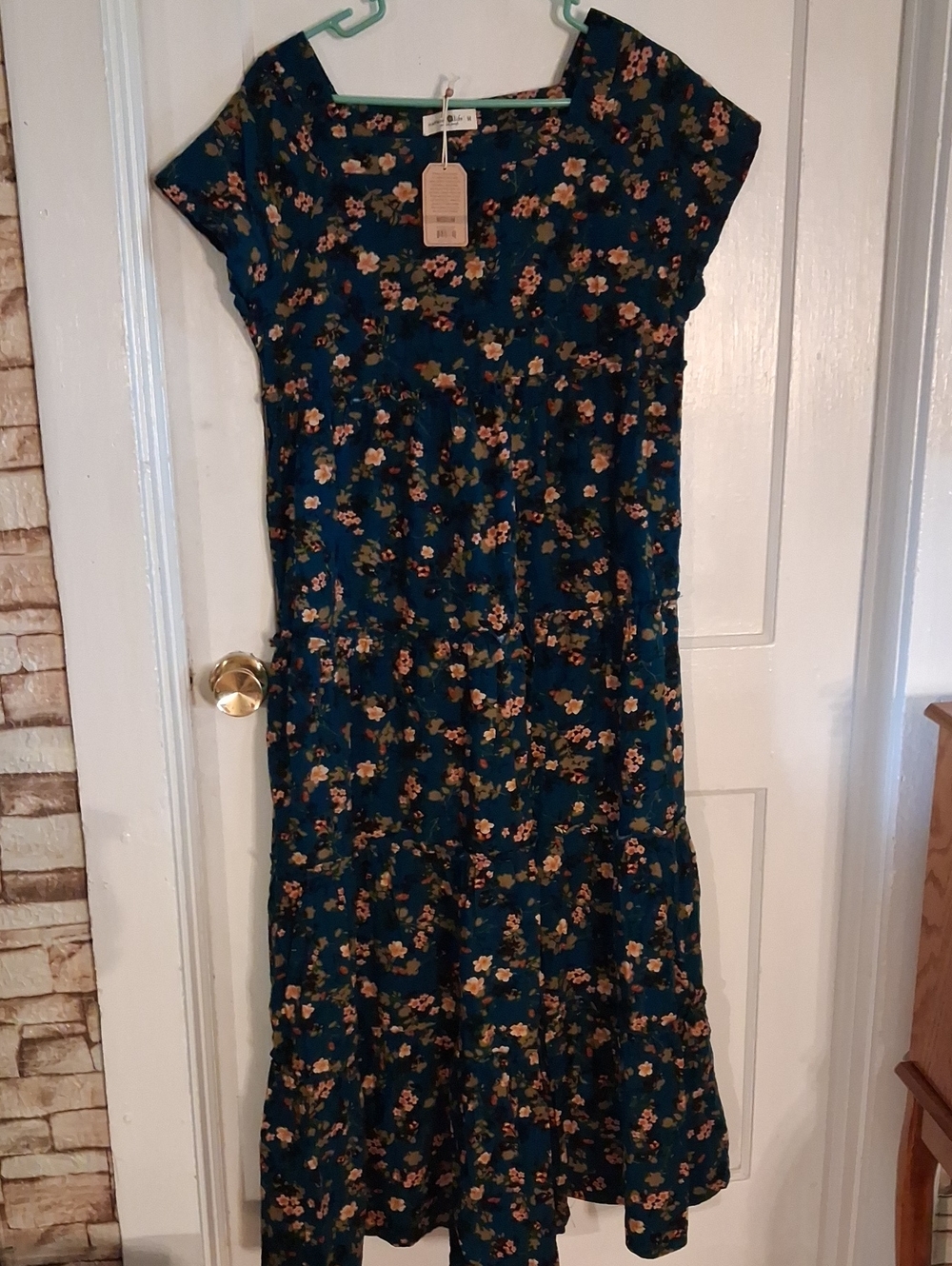 NATURAL LIFE Teal Floral Tiered Maxi Dress with Pink & Cream Blossoms